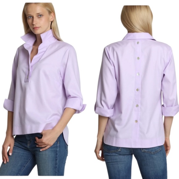 LN Hinson Wu Aileen 3/4 Sleeve Lilac Herringbone Button Back Popover Top - 4 - Picture 1 of 16